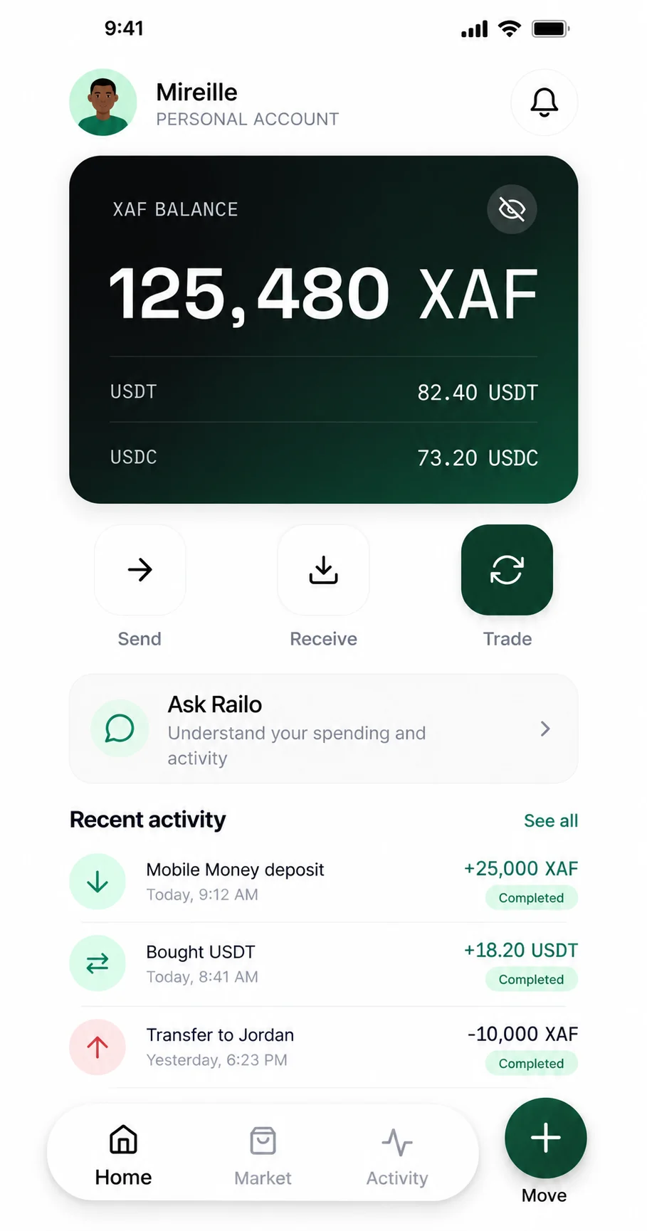 RailoPay home screen showing XAF, USDT and USDC balances and recent activity