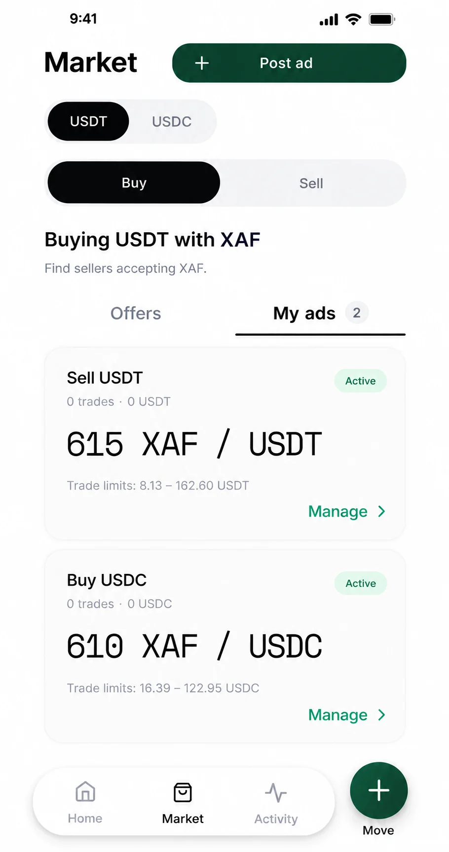 RailoPay market showing active USDT and USDC peer-to-peer listings